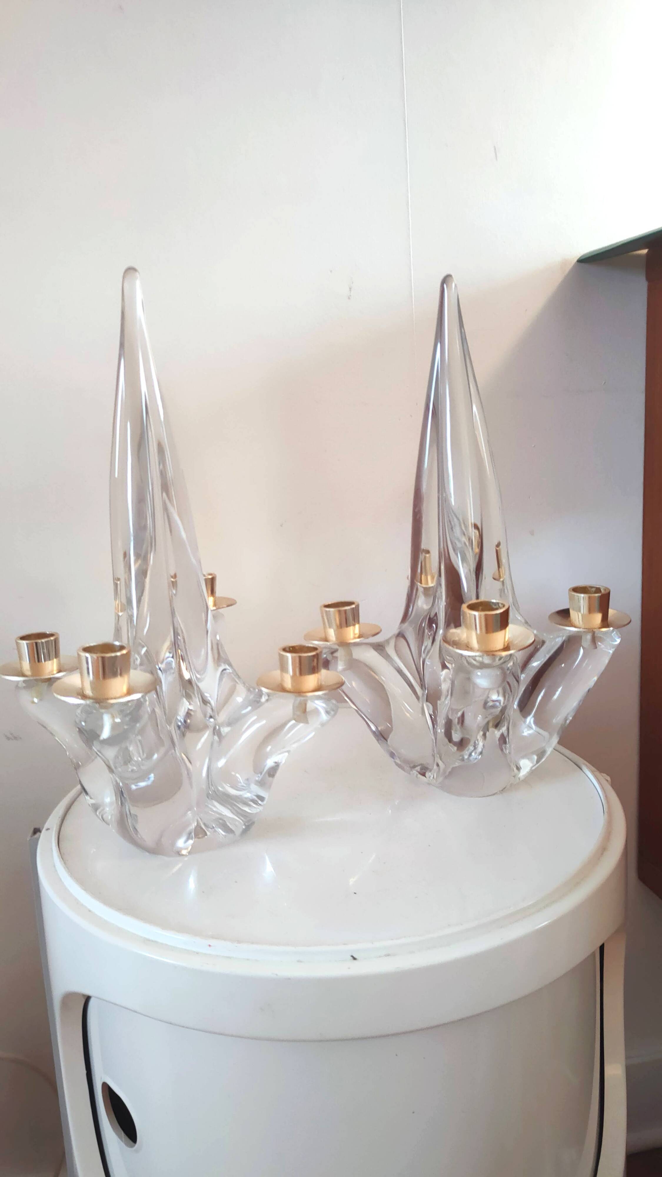 Pair of vintage Schneider crystal and brass candlesticks