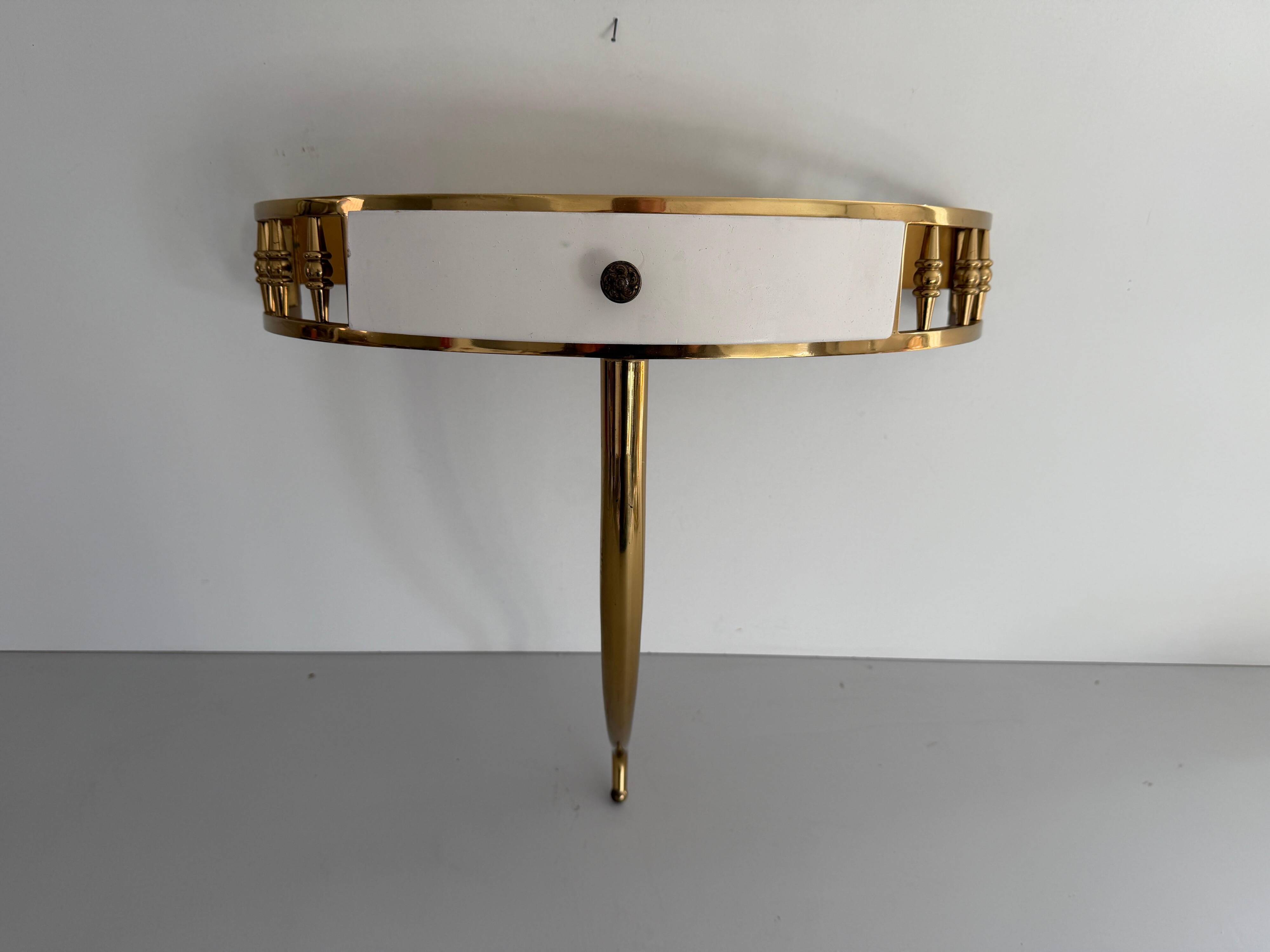 Floating wall console with drawer, brass body and marble top, 1960s, Italy