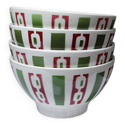 4 bols à café faïence de Badonviller décor Art Déco vintages années 1940-1950