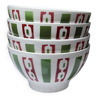 4 coffee bowls made of Badonviller earthenware, Art Deco decor from the vintage 1940s-1950s.