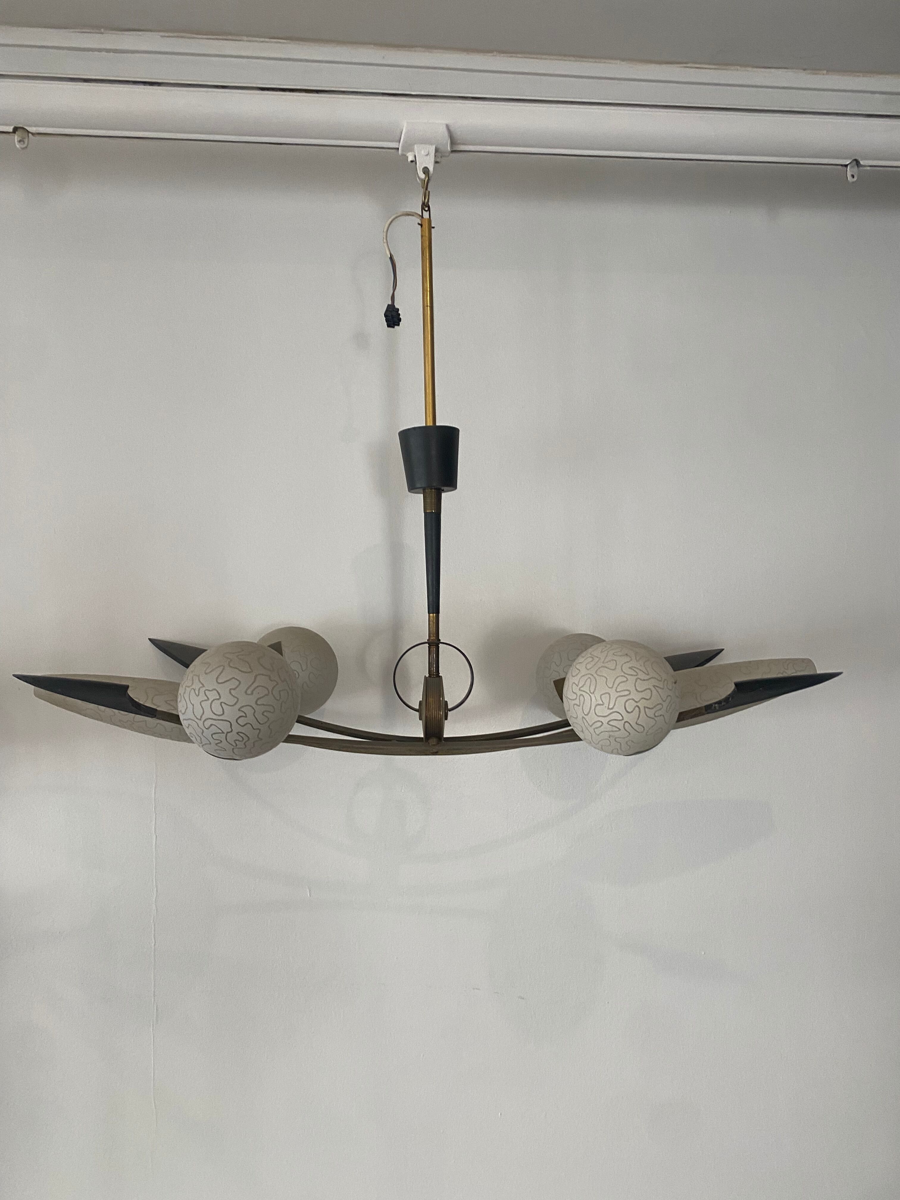 Art deco brass and glass chandelier