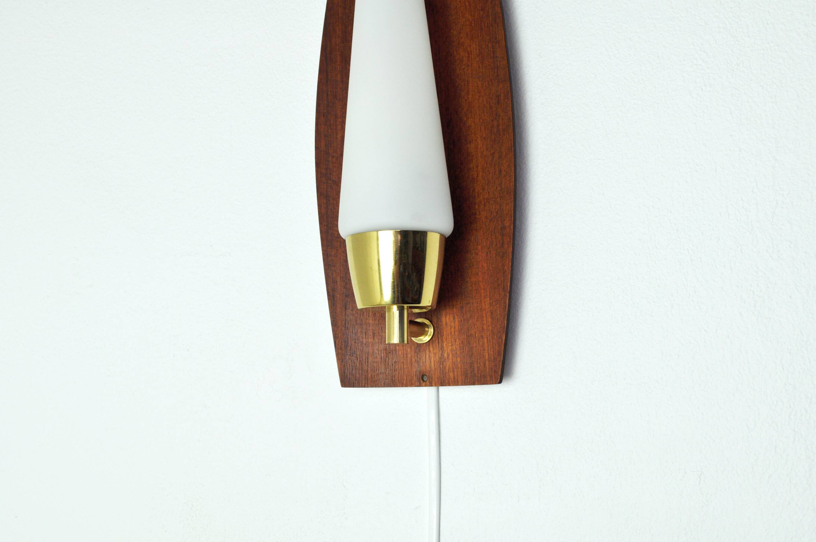 Scandinavian Modern Danish Wall Light in Teak, Brass and Opaline Glass, 1960s