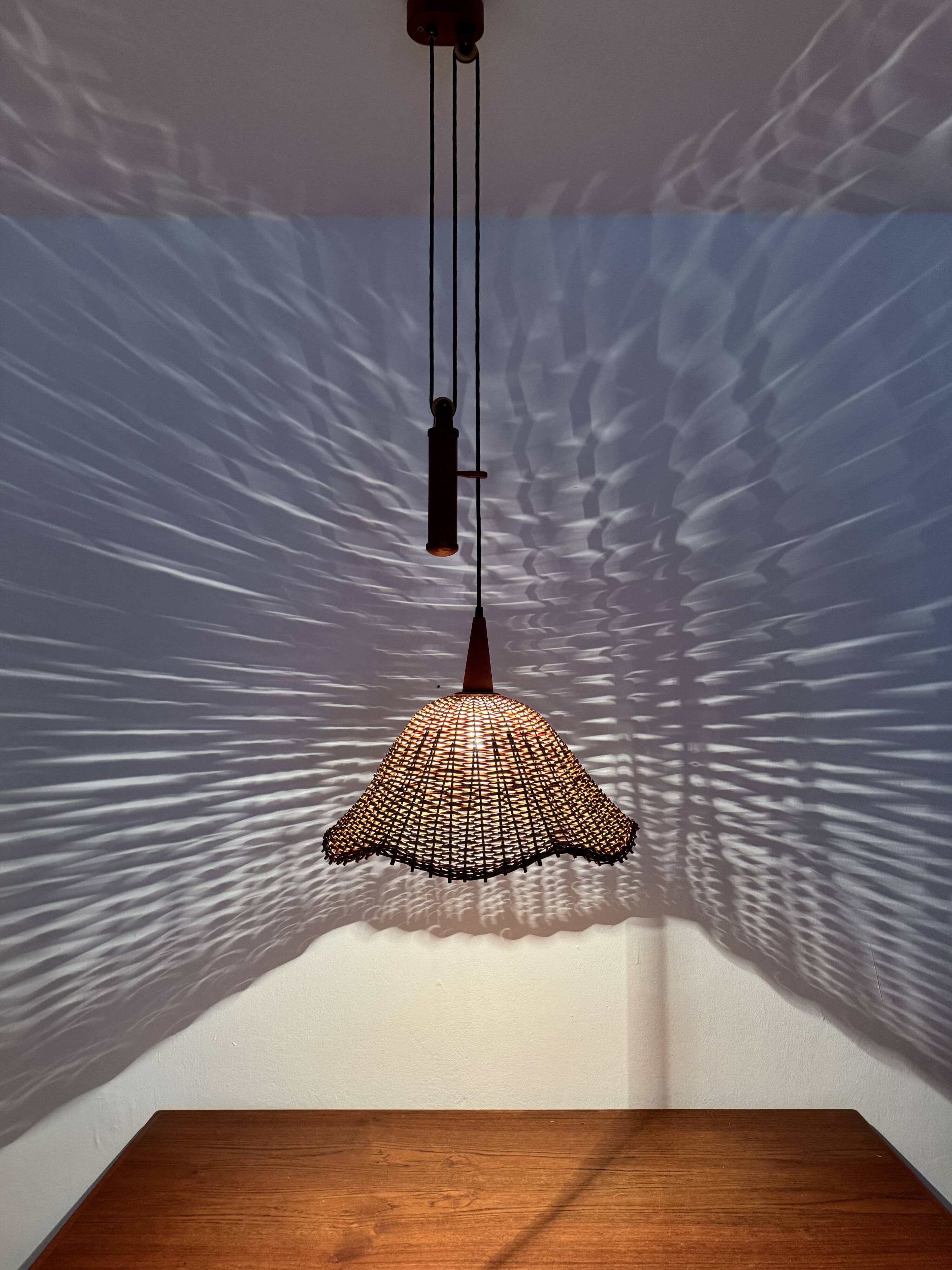 Adjustable Wicker and Teak Pendant Lamp