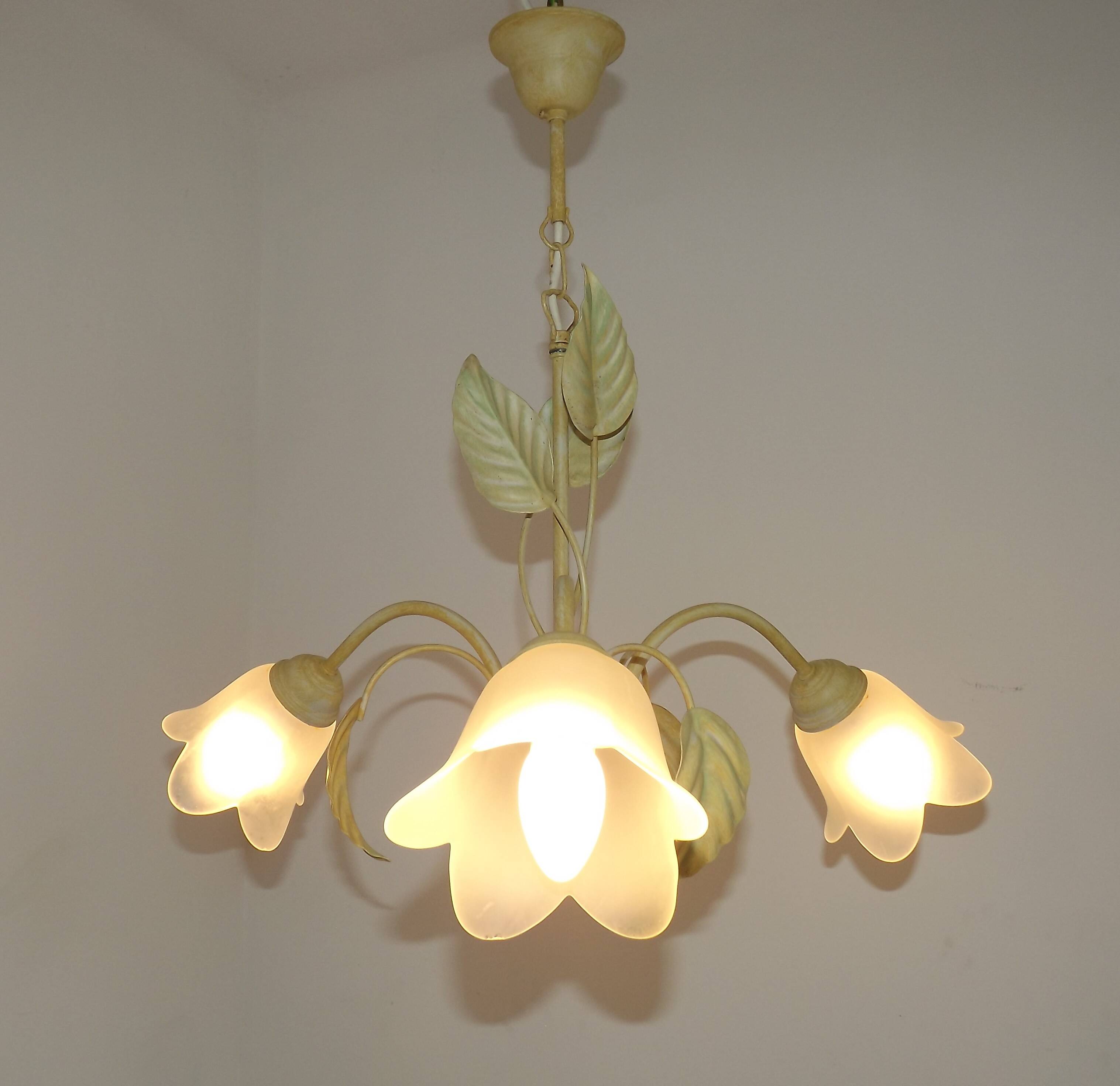 French vintage chandelier with 3 lights in leaf green metal and glass shades 5516