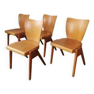Set of 4 stackable wooden chairs, compass legs