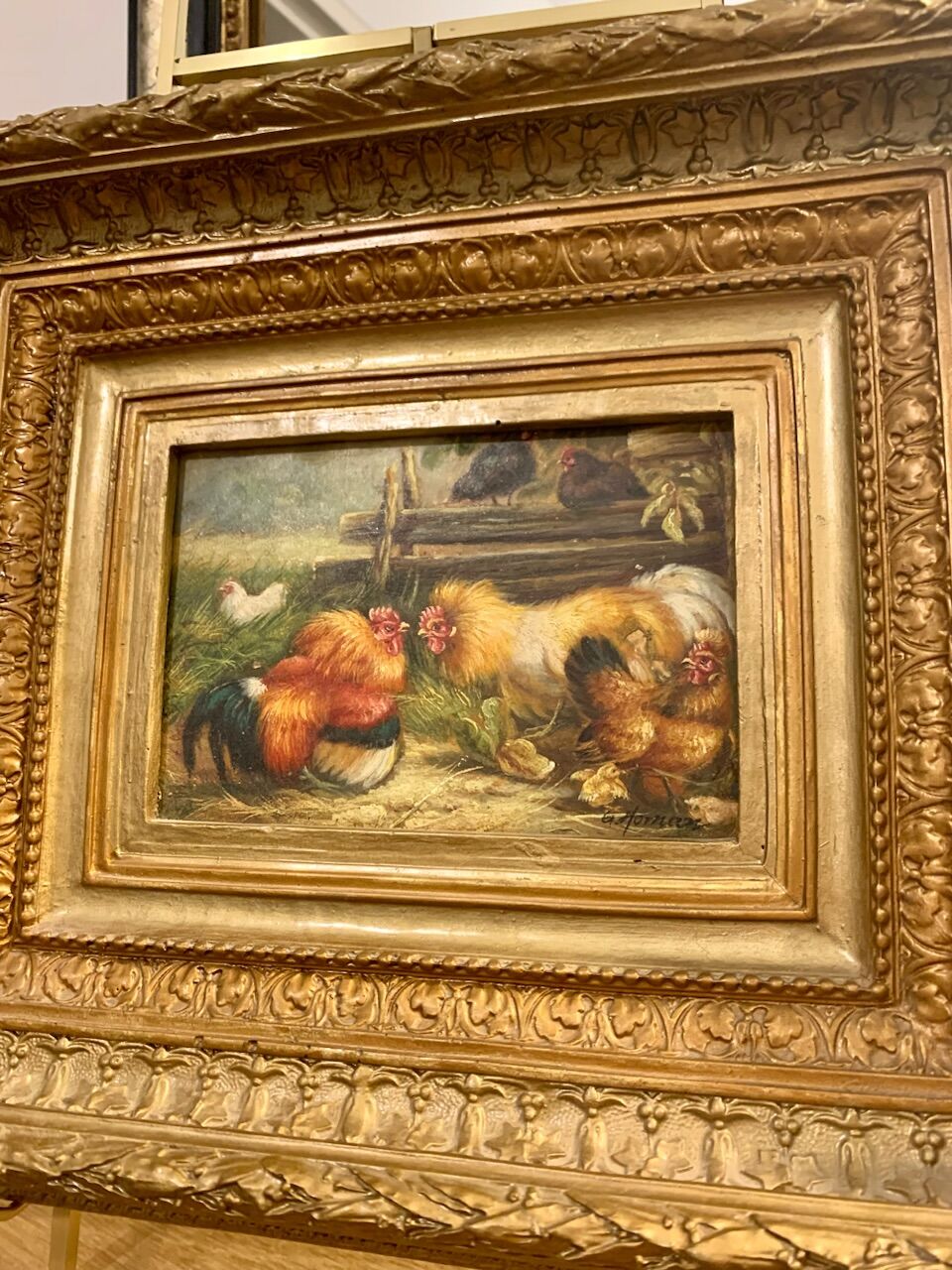 Old oil painting on farmyard panel