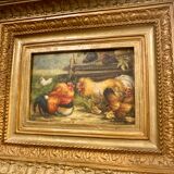 Old oil painting on farmyard panel