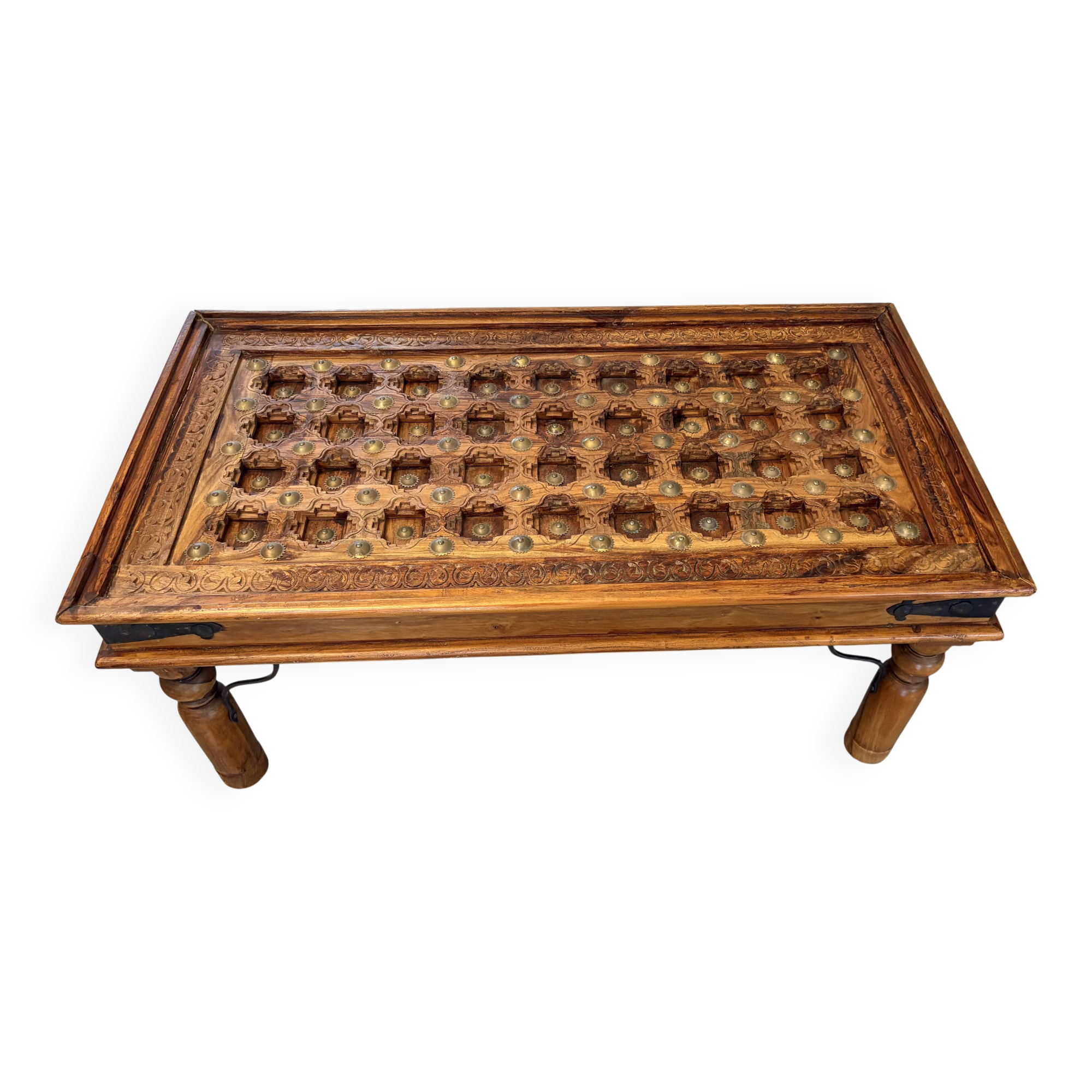 Solid oak carved coffee table with glass top