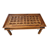 Solid oak carved coffee table with glass top