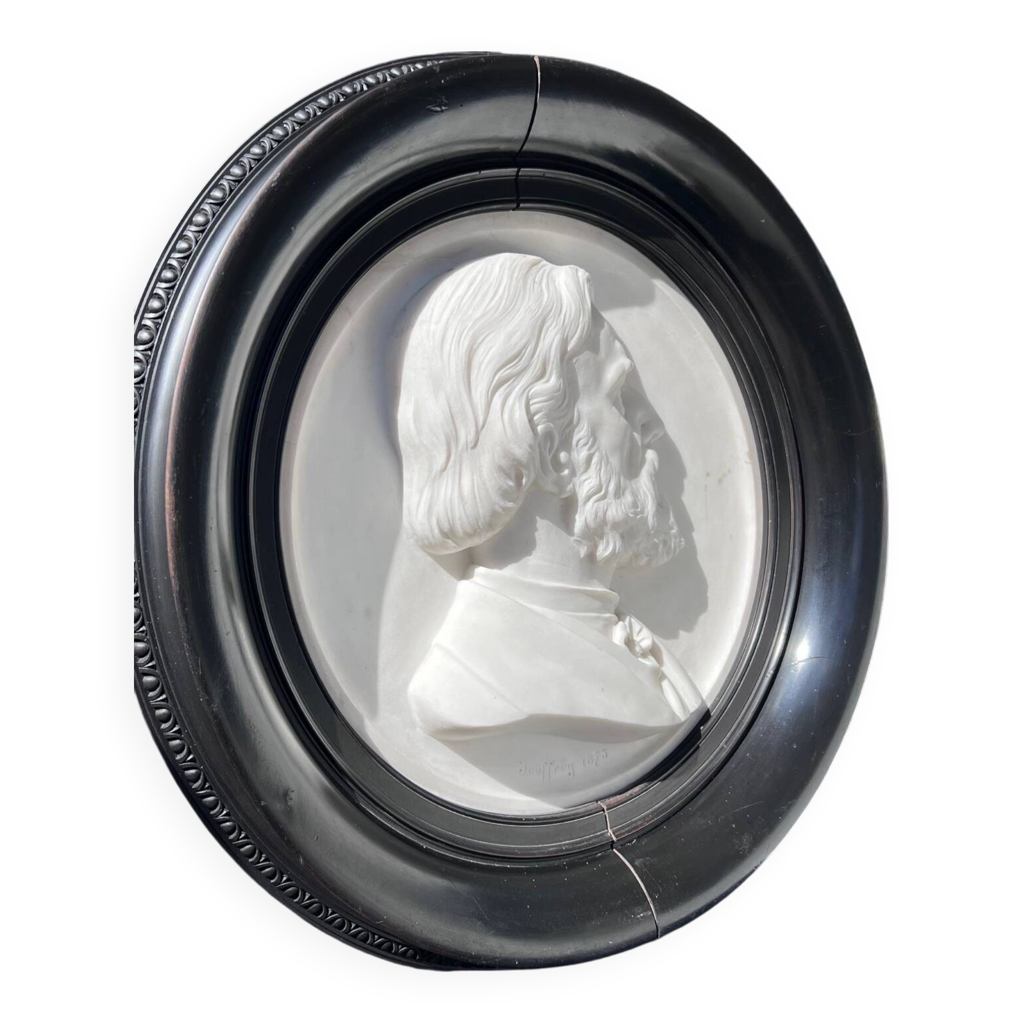 Bas-relief in marble and carved ebony signed Jouffroy, 1873