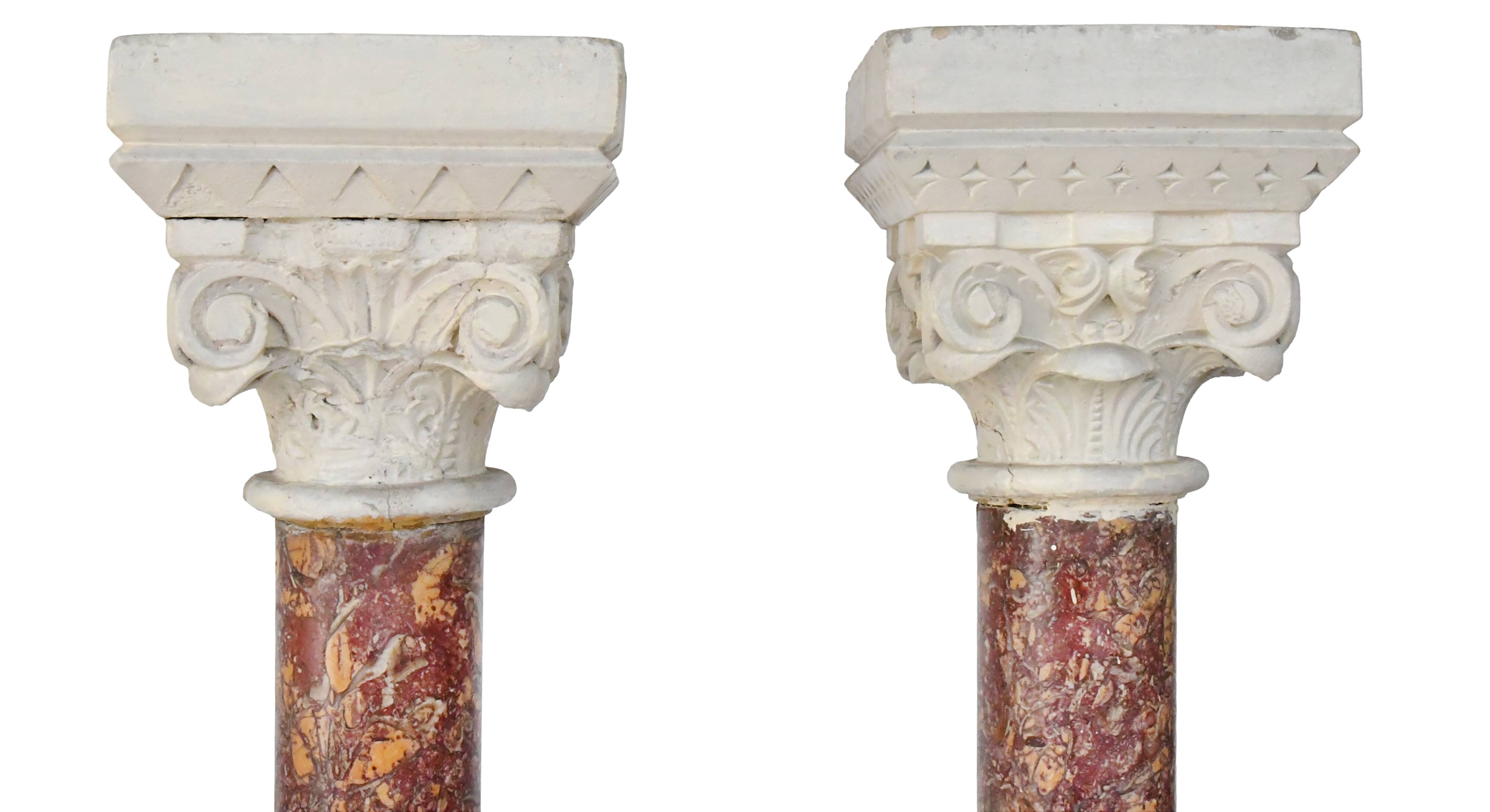 Pair of Brocatelle marble columns and stone with Corinthian capitals.