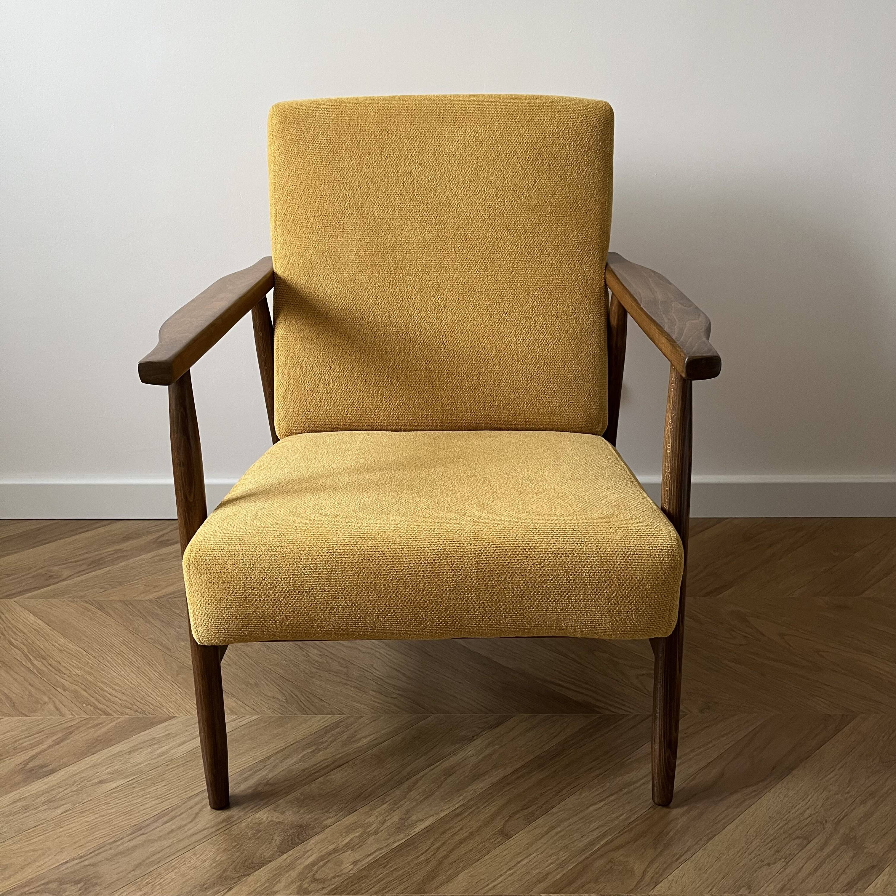 Vintage Club Mid-Century Modern Armchair: Yellow Fabric & Beech Wood Frame