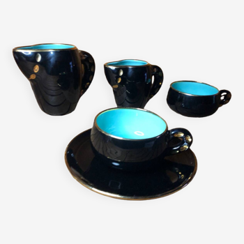 Ancien service petit déjeuner magdalith céramique noire & bleue vintage #a517