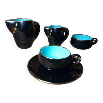 Old magdalith breakfast service black & blue ceramic vintage #a517