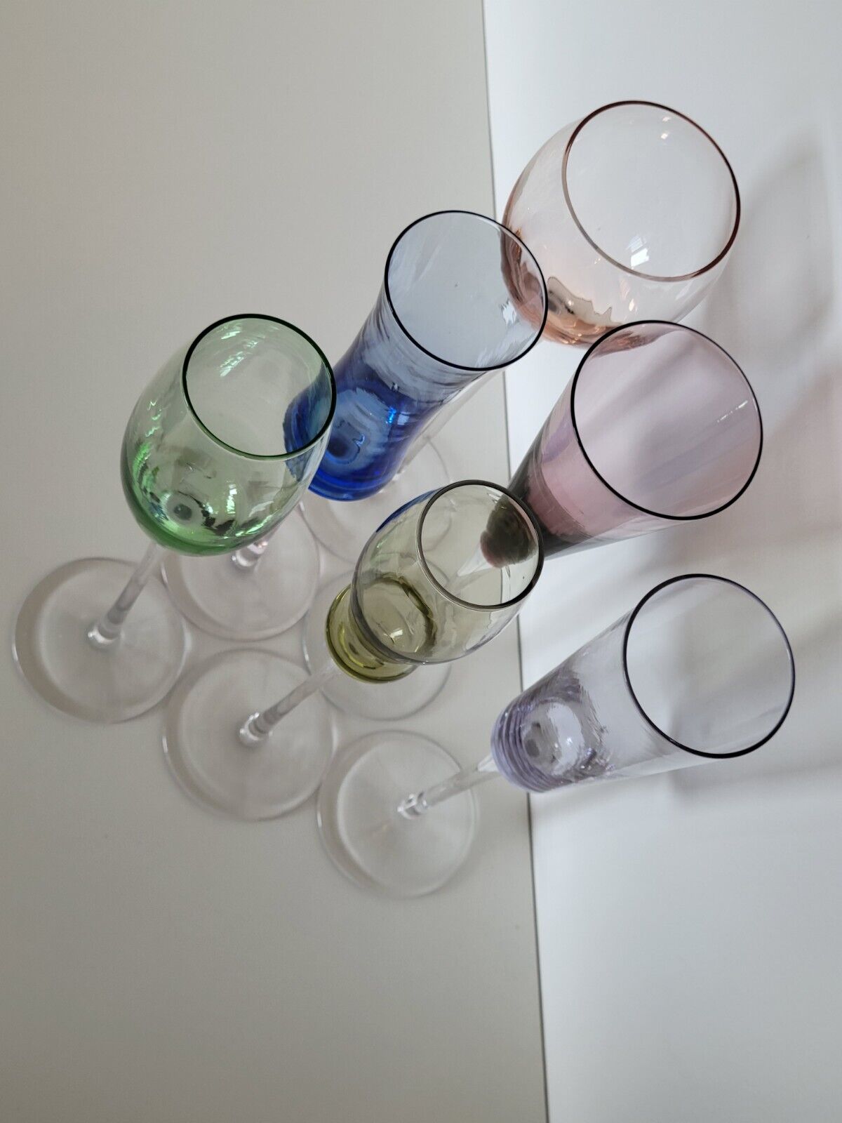 Set of 6 champagne flutes in different colors and shapes