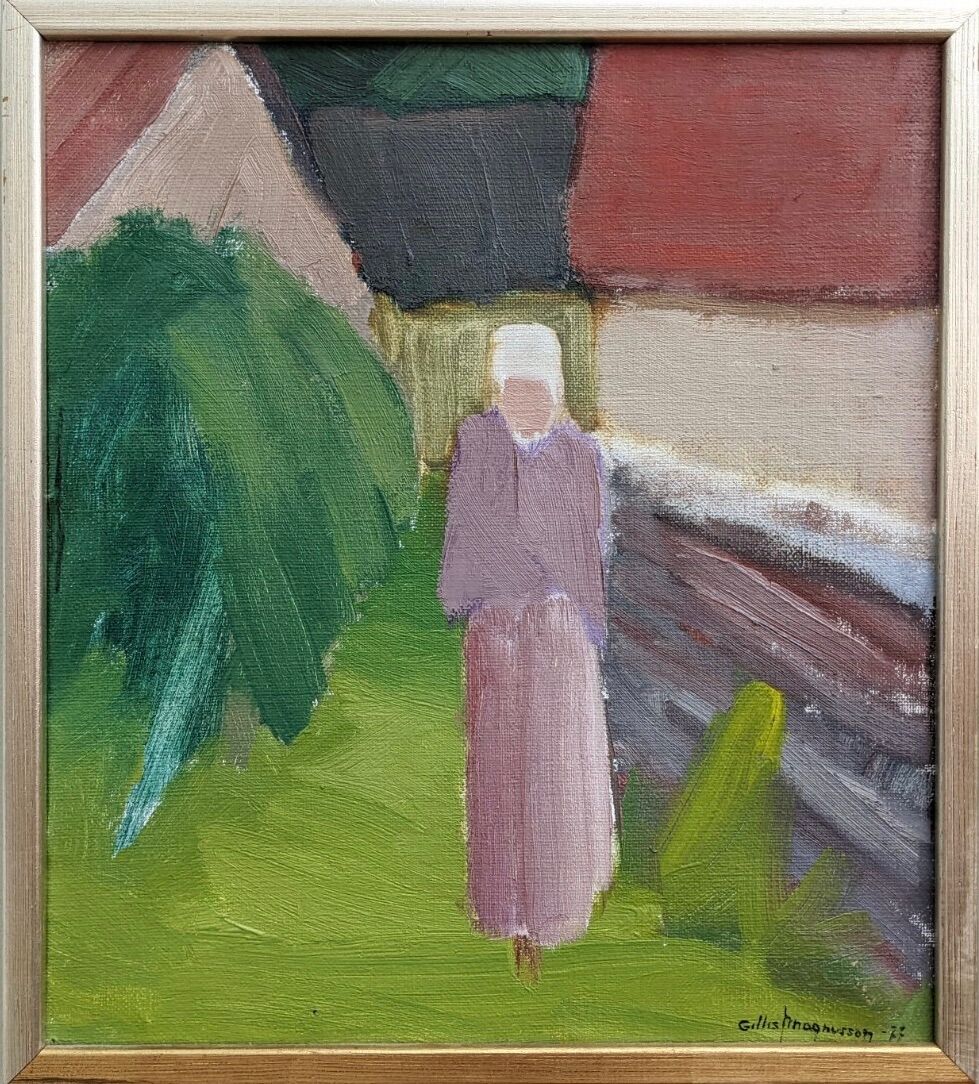 1977 Mid-Century Modern "Pensive Walk" Swedish Figurative Oil Painting, Framed