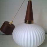 Vintage suspension in opaline, teak and brass by Louis Kalff c.1960