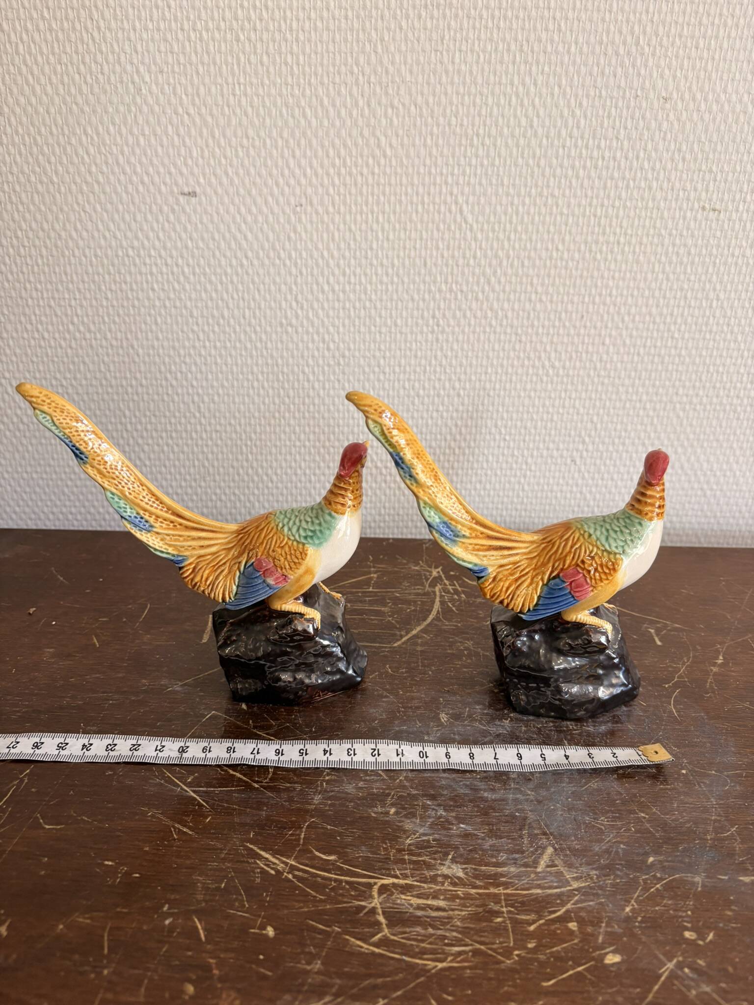 Paire Faisans Barbotine Faïence Art Déco Oiseaux 1930