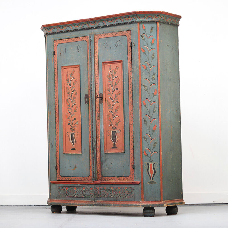 Rustic Farmhouse Folk Art Painted Bridal Cabinet dated 1806