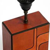Italian 60s table lamp made of wood and leather with paper straw lampshade