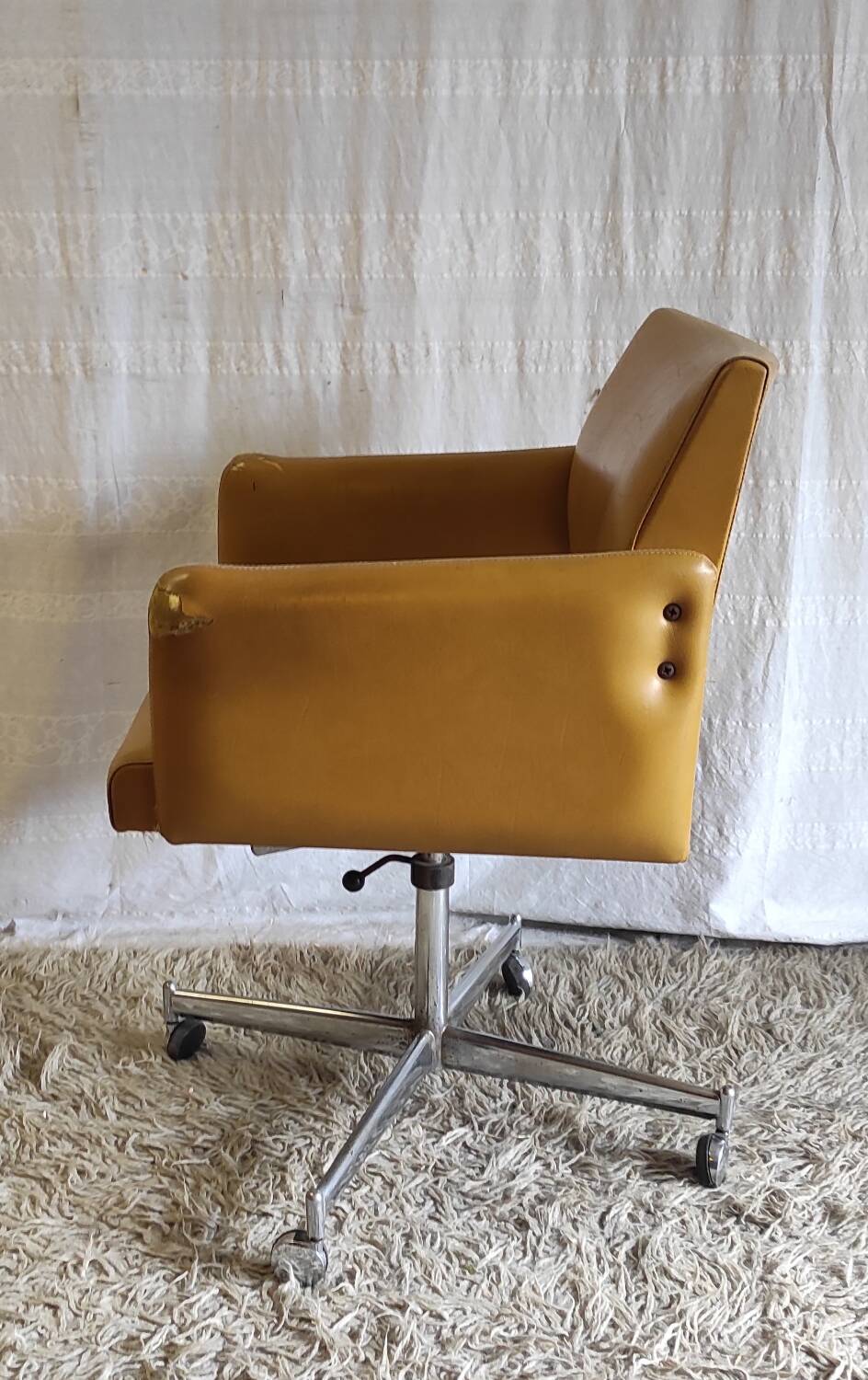 Modernist office armchair in yellow faux leather - 1950s