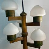 Midcentury Scandinavian wood and opaline glass hanging pendant