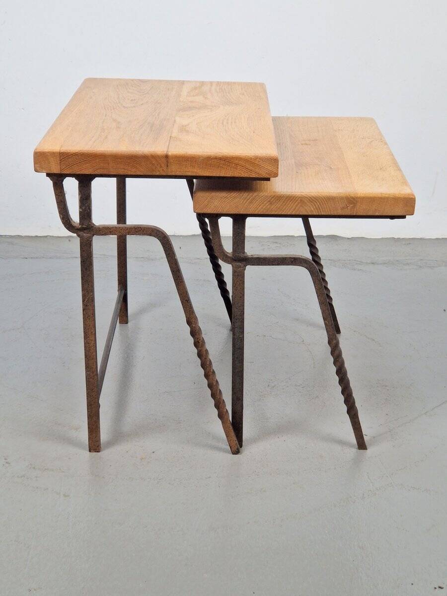Brutalist Cast Iron and Oak Nesting Tables, 1970s, Set of 2