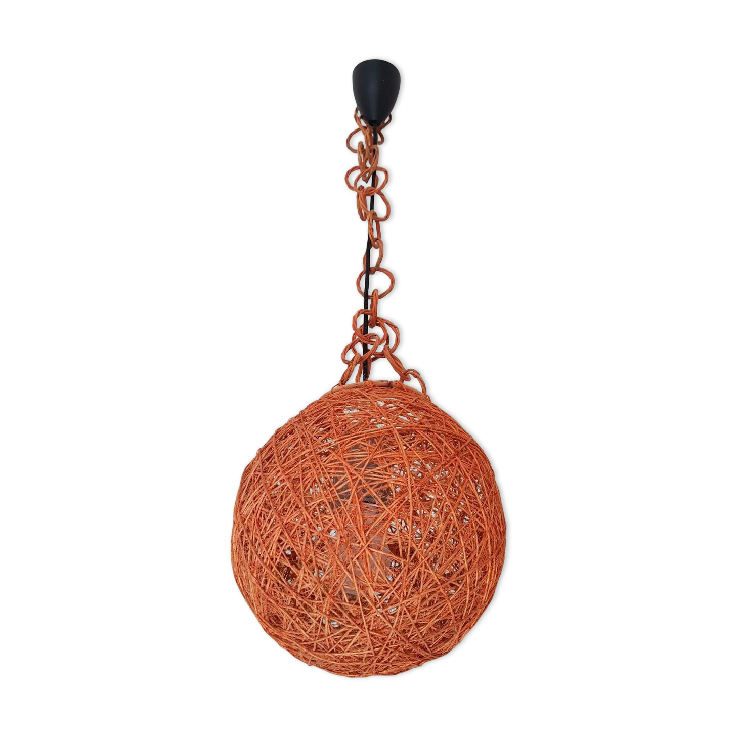 Orange ball hanging lamp with rope and rattan rope 1970
