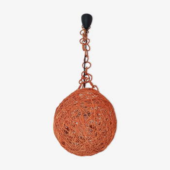 Orange ball hanging lamp with rope and rattan rope 1970