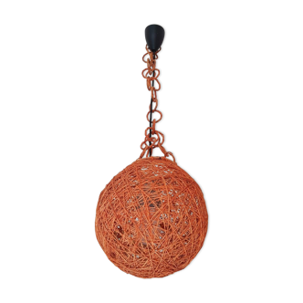 Orange ball hanging lamp with rope and rattan rope 1970