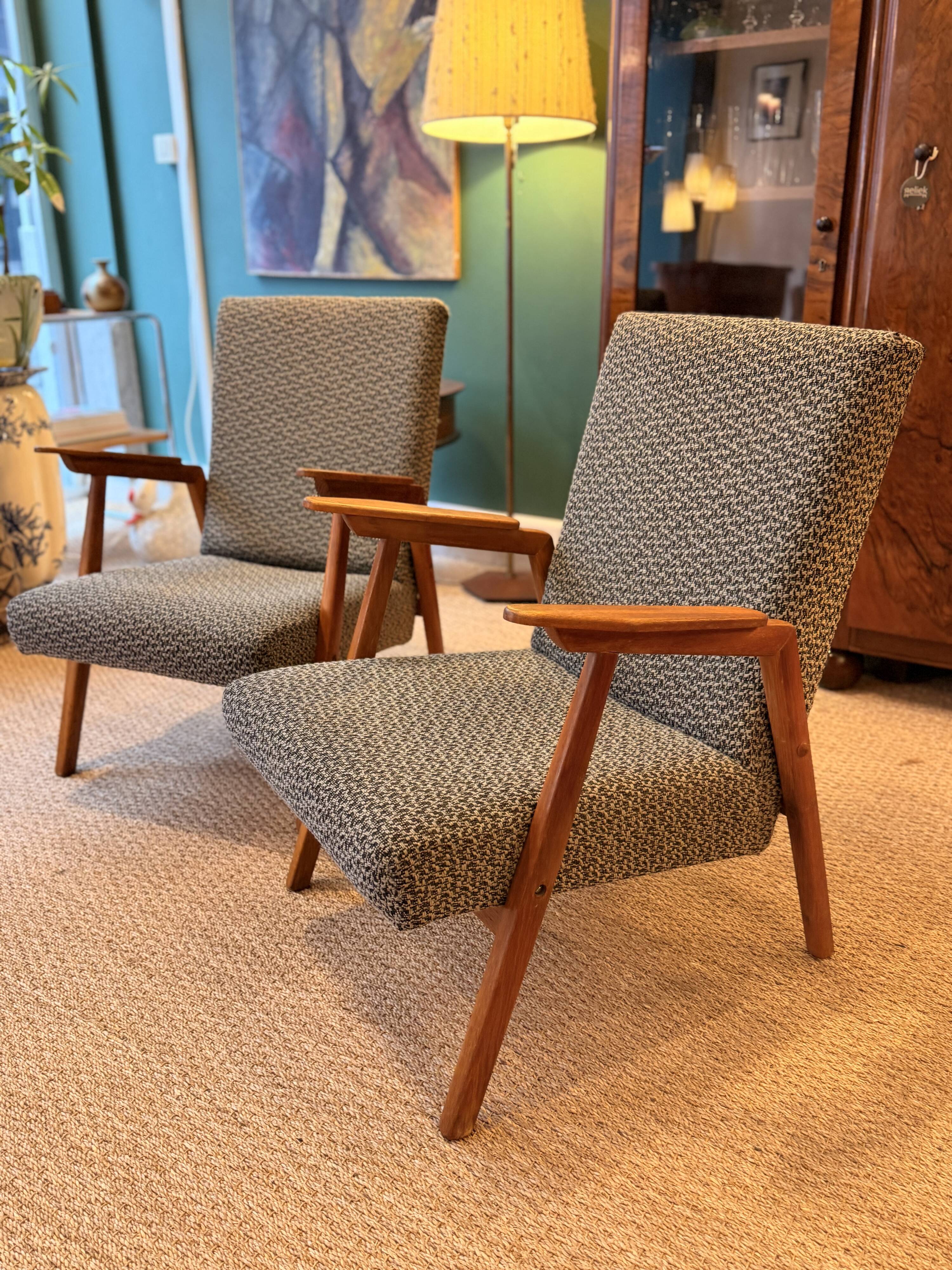 Pair of vintage oak armchairs, original fabric and seat.