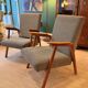 Pair of vintage oak armchairs, original fabric and seat.