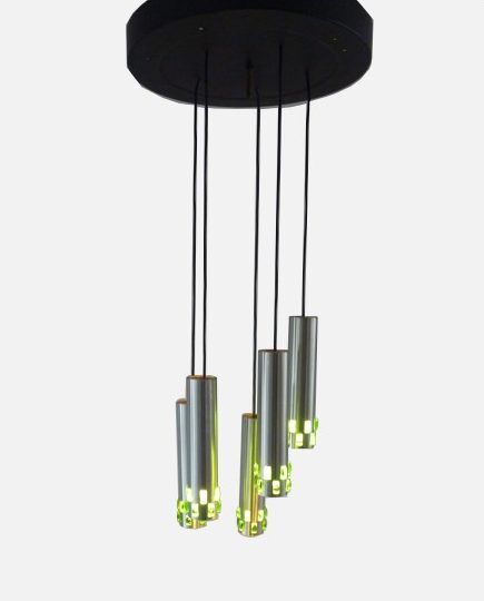 Suspension cascade of aluminum tubes with green glass