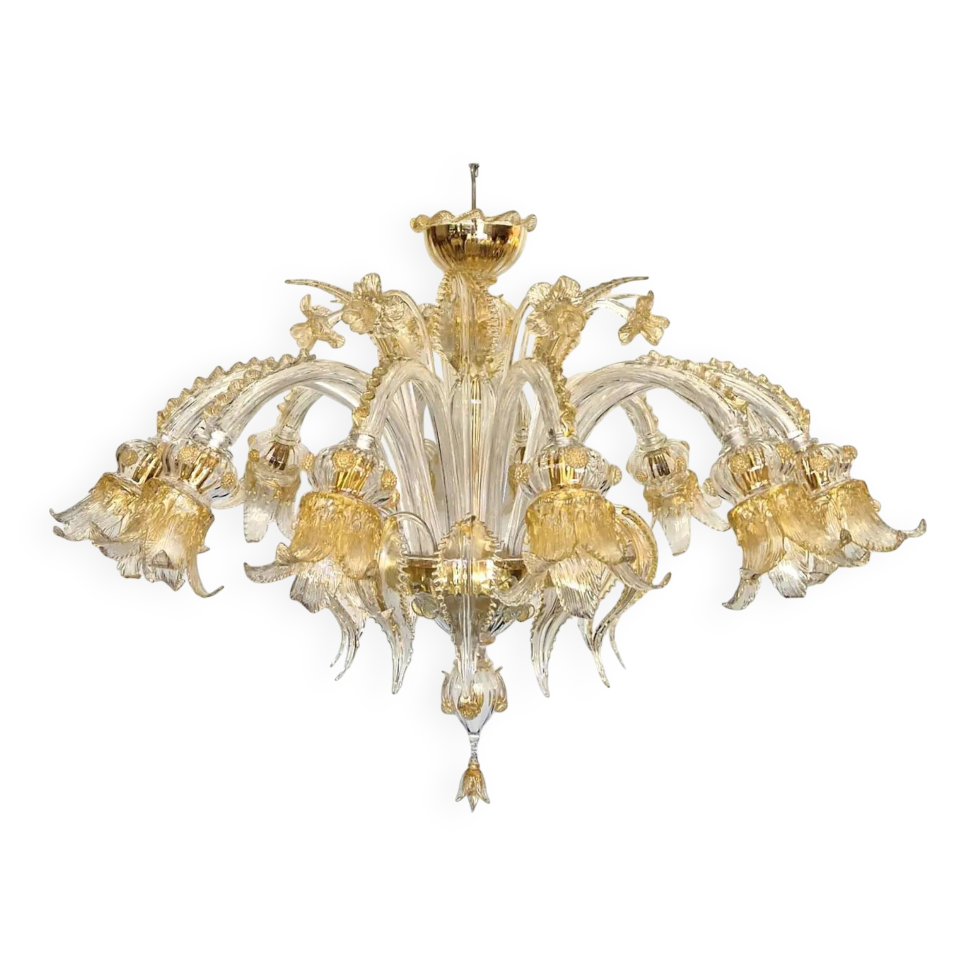 Opulent Gold and Clear Murano Glass Chandelier with Flowers and Leaves