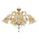 Chandelier en verre de Murano doré opulent et transparent avec fleurs et feuilles