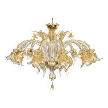 Opulent Gold and Clear Murano Glass Chandelier with Flowers and Leaves