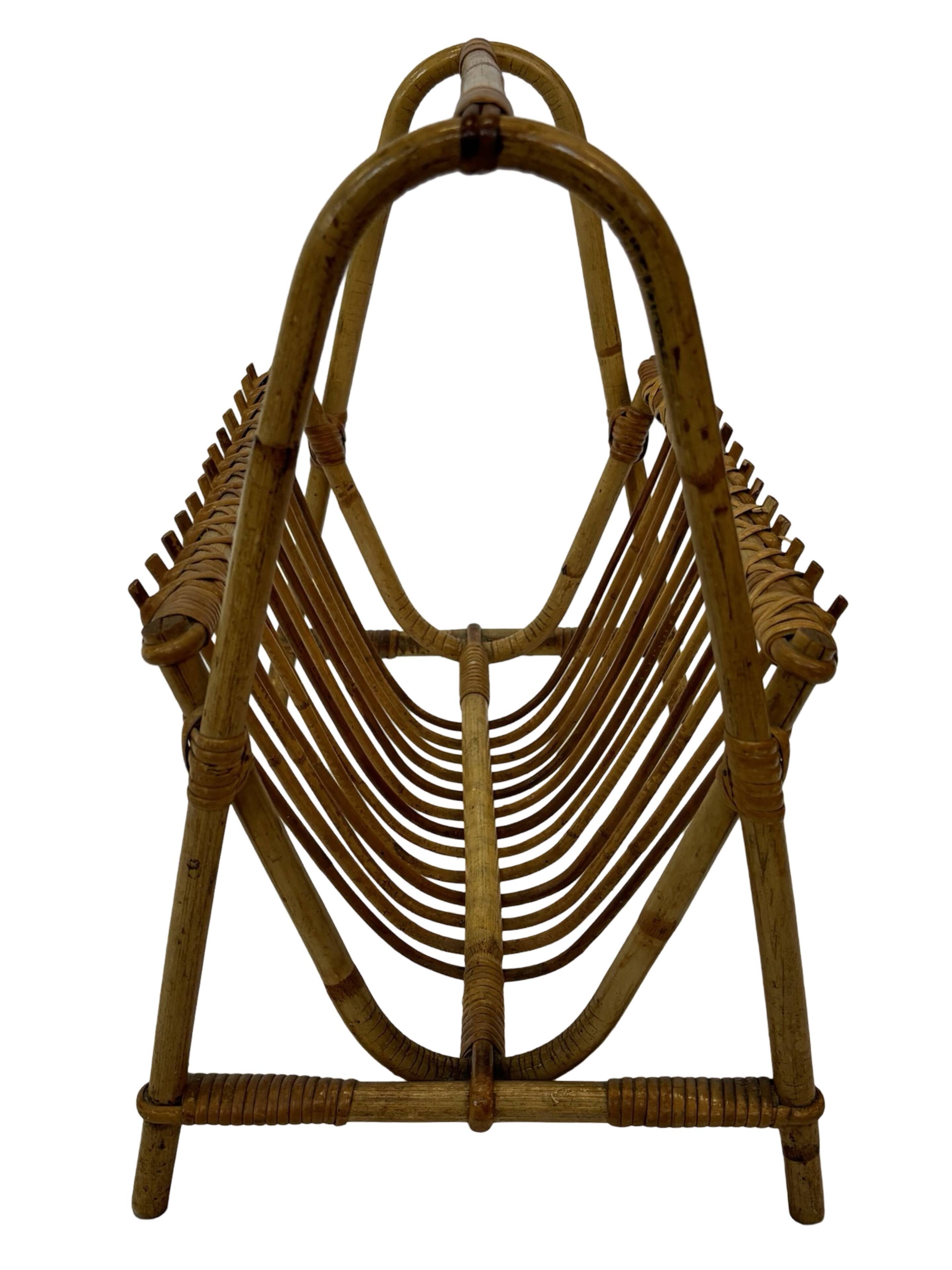 Vintage Rattan Magazine Basket Newspaper Rack 60s Rohe