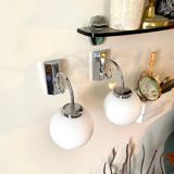 2 wall lamps in chromed metal and white opaline