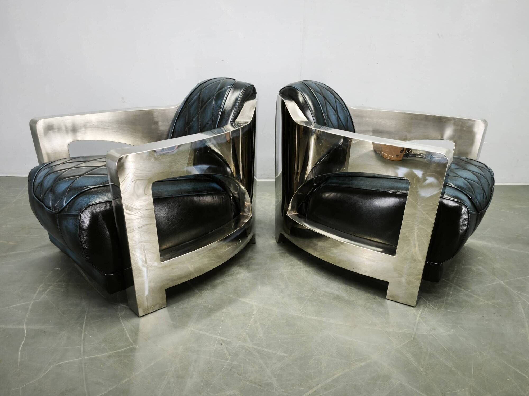 Pair of Timothy Oulton Aviator Leather and Steel Armchairs 1990s