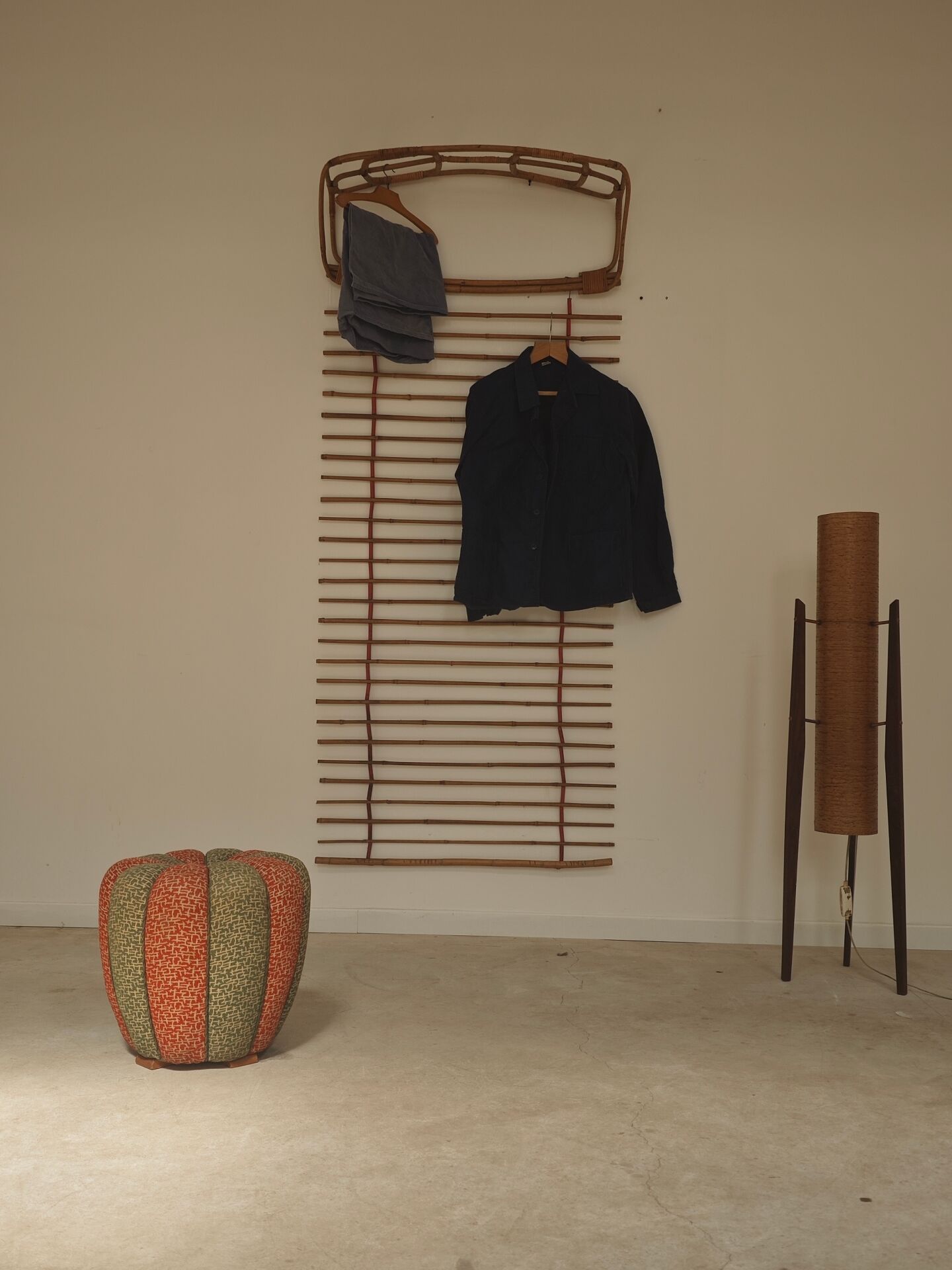 Wall-mounted coat rack in rattan, Czechoslovakia 1960