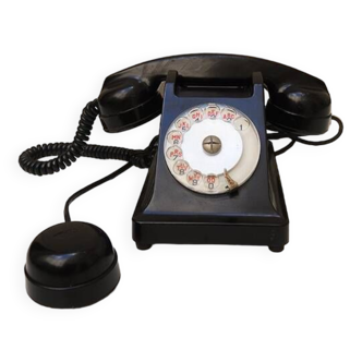 Ancien téléphone ptt à cadran rotatif en bakélite noire
