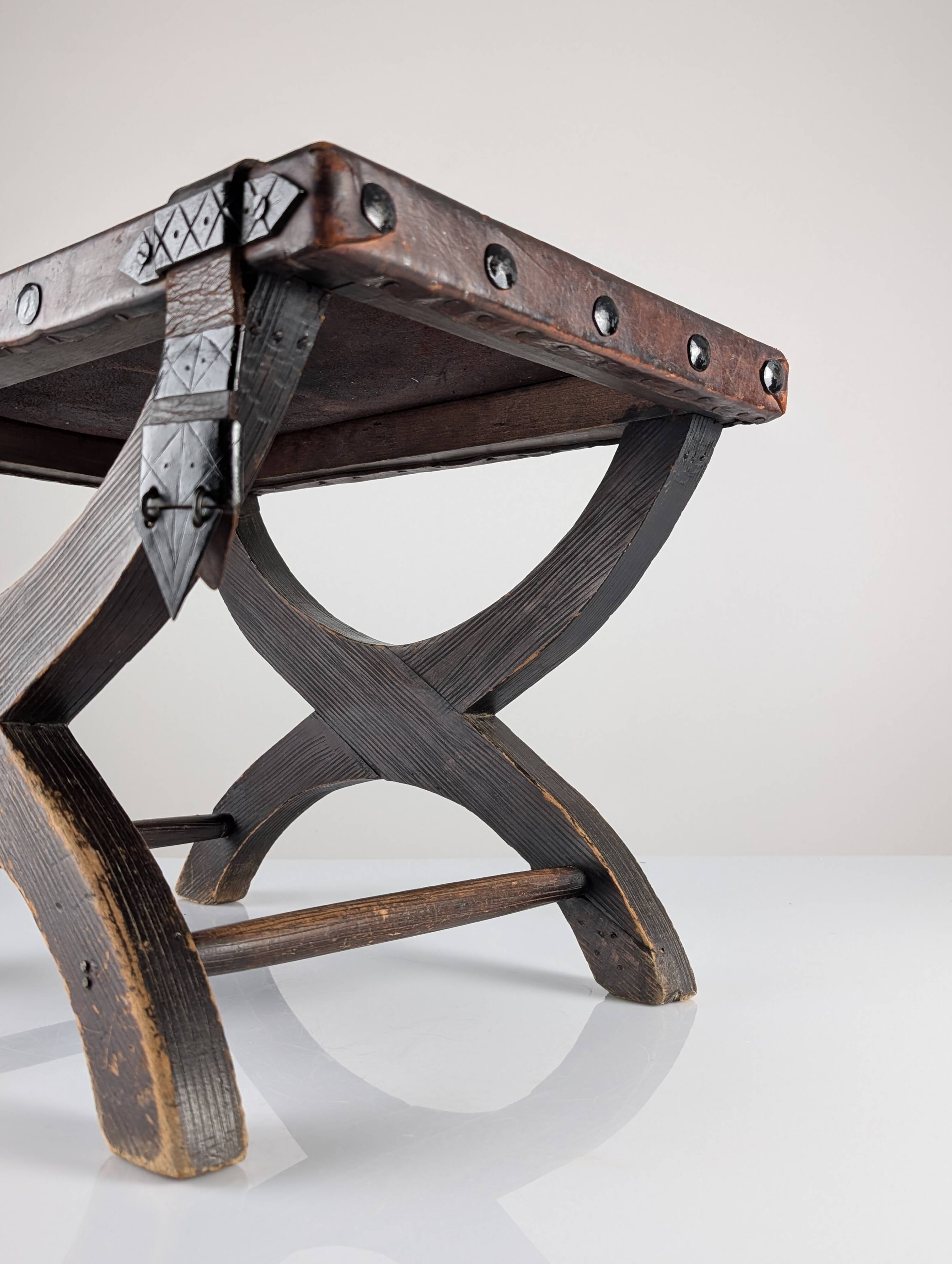 Colonial Curule Stool in Leather and Wrought Iron, Mexico, 1940s