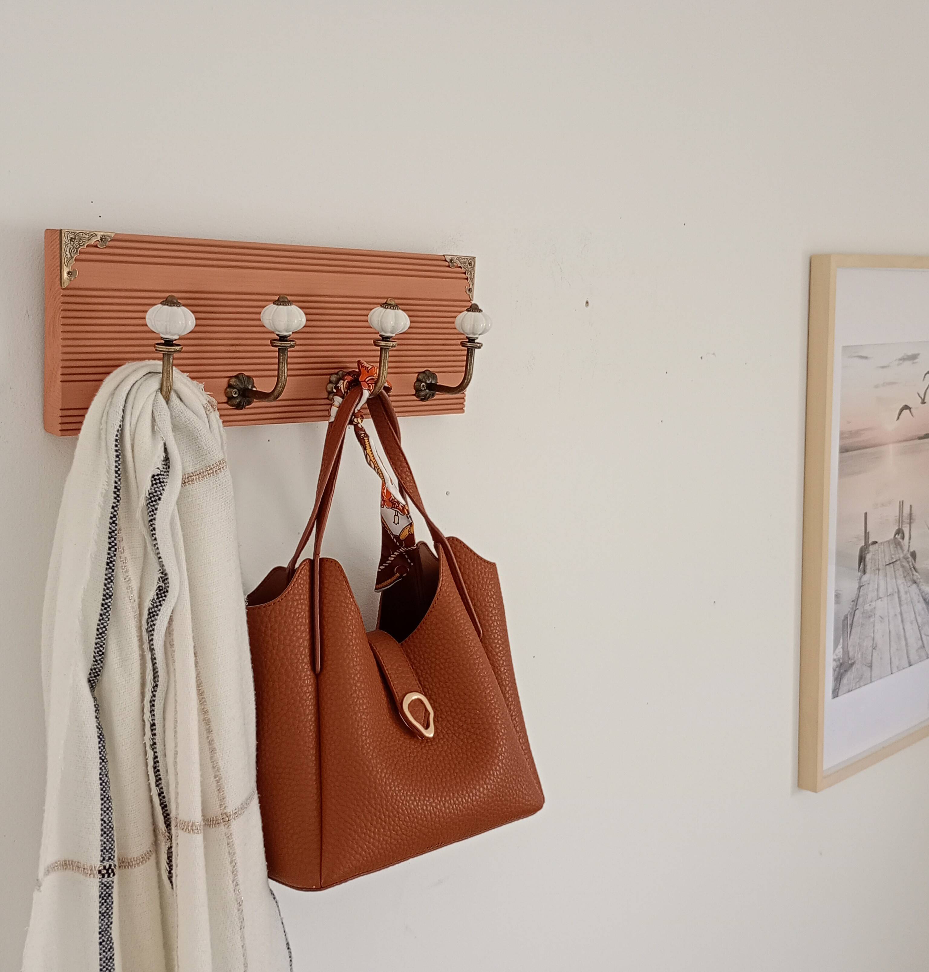 Wall coat rack 40 cm – 4 ceramic hooks | Vintage style