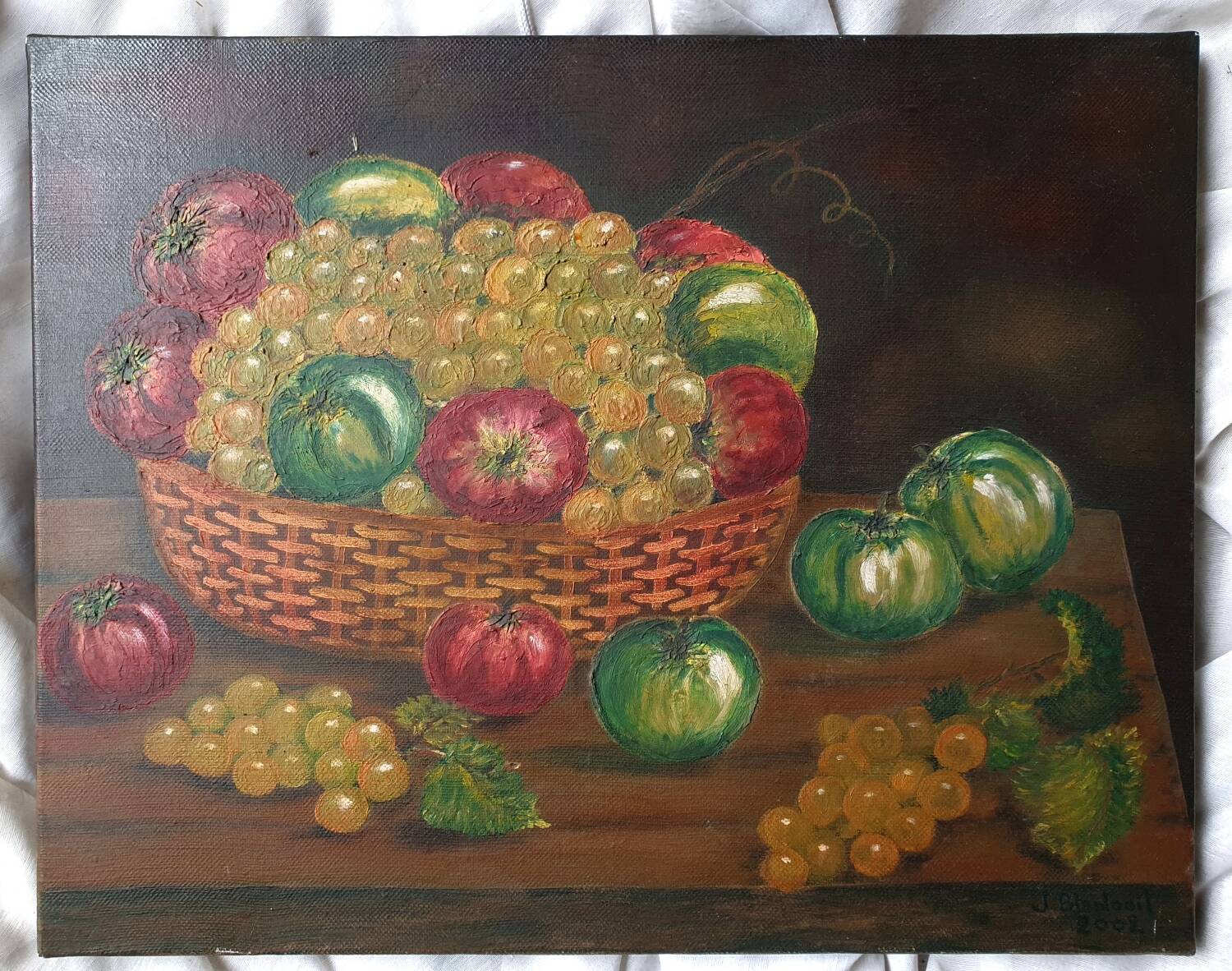 Fruit basket painting with apples and grapes signed Blanloeil.