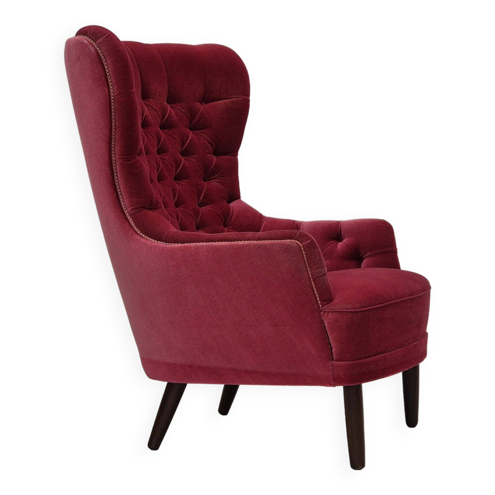 Années 1960, fauteuil scandinave à dossier haut, état d'origine, velours.