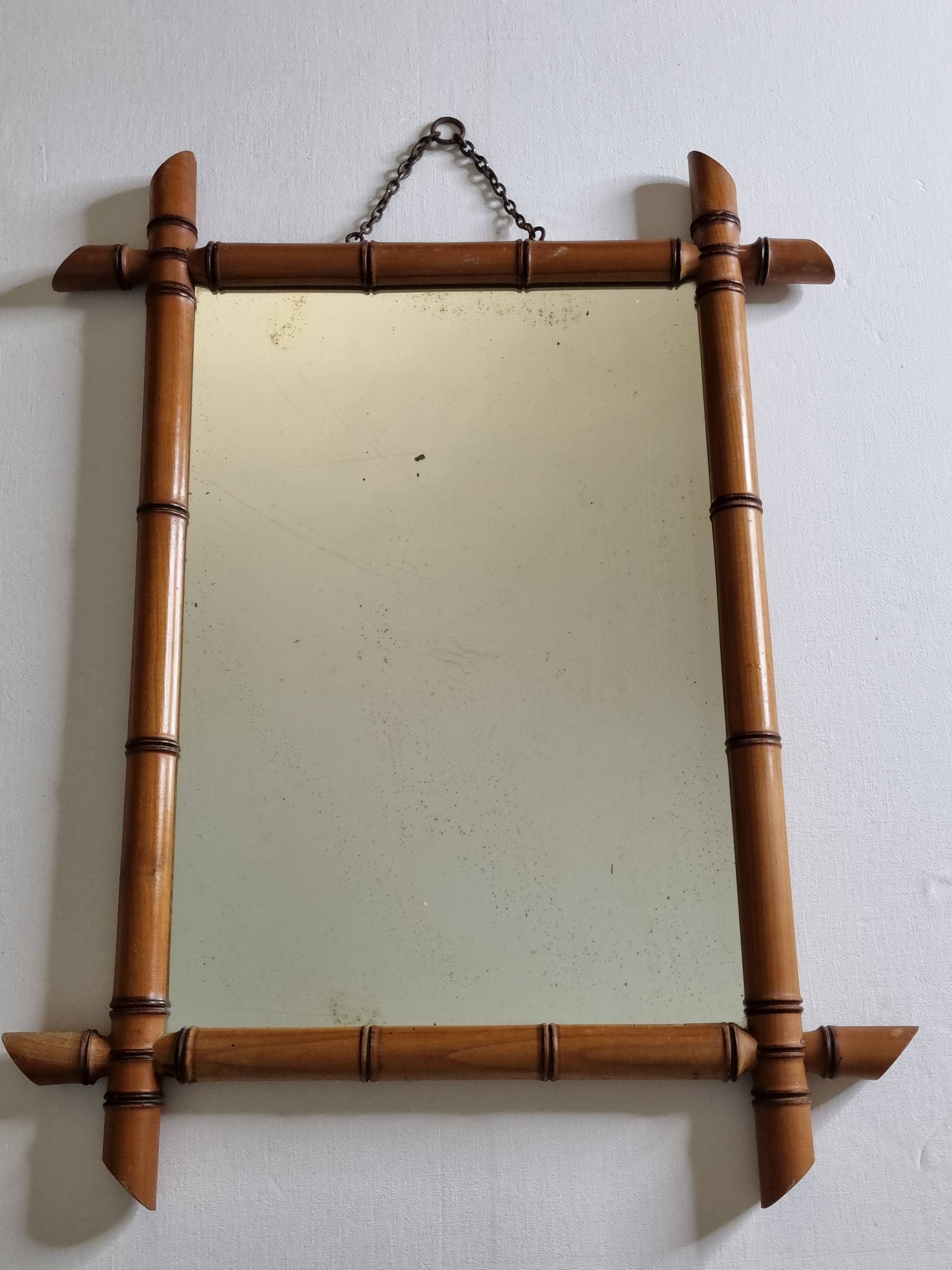 Turned wooden mirror in imitation of bamboo, from the 40s-50s, 43 x 57 cm