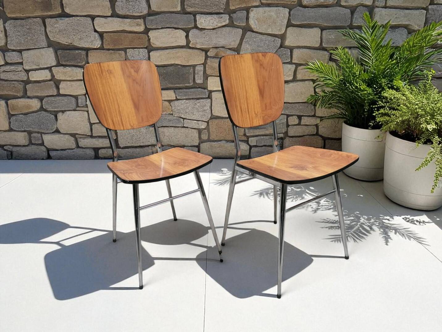 Pair of Vintage Chrome and Wood Chairs - 1980s - Formica