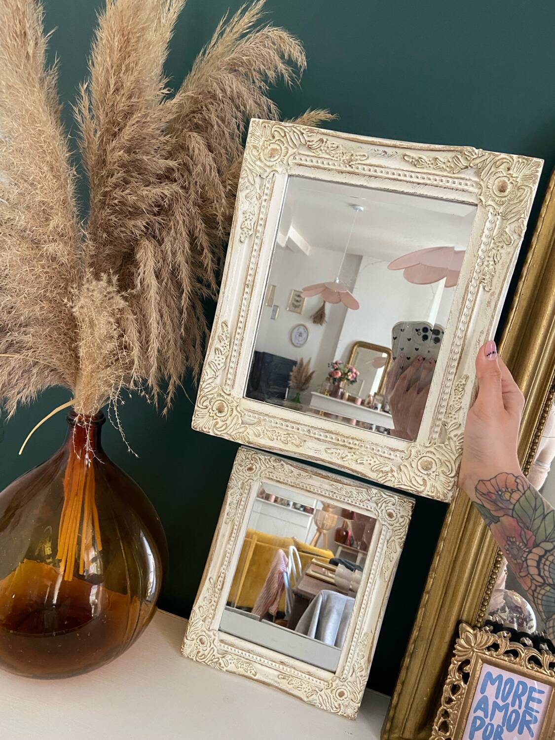 Set of two pretty mirrors in white, beige, and gold tones. Bohemian