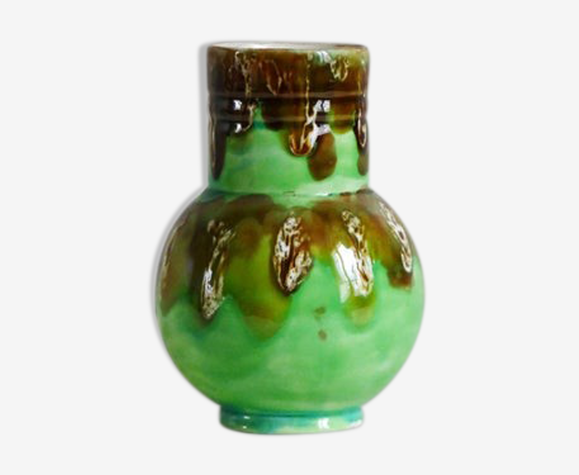 Vase vintage décoratif en céramique vernissé vert et marron