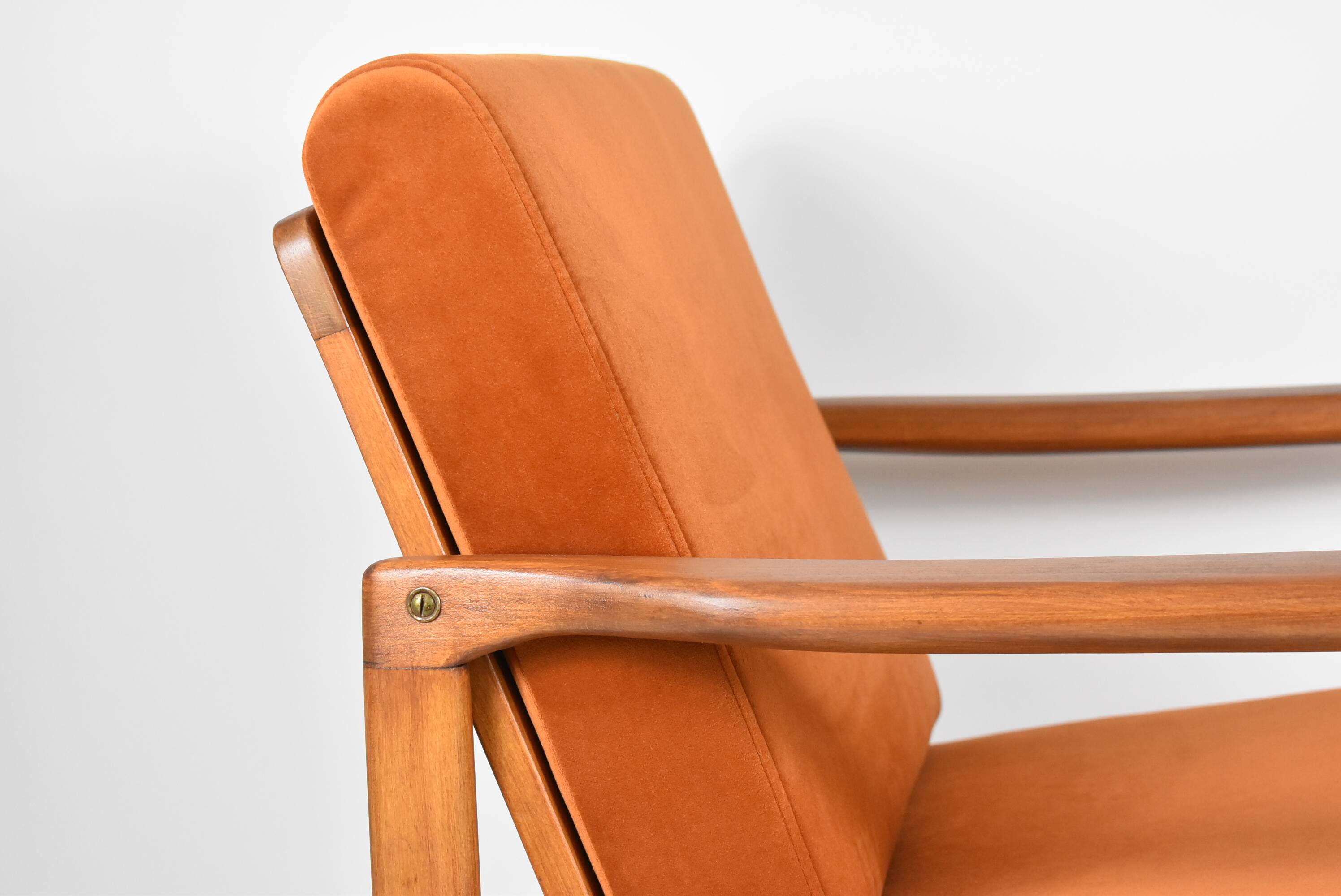 Original scandinavian armchair, restored, 1960s, russet, velvet